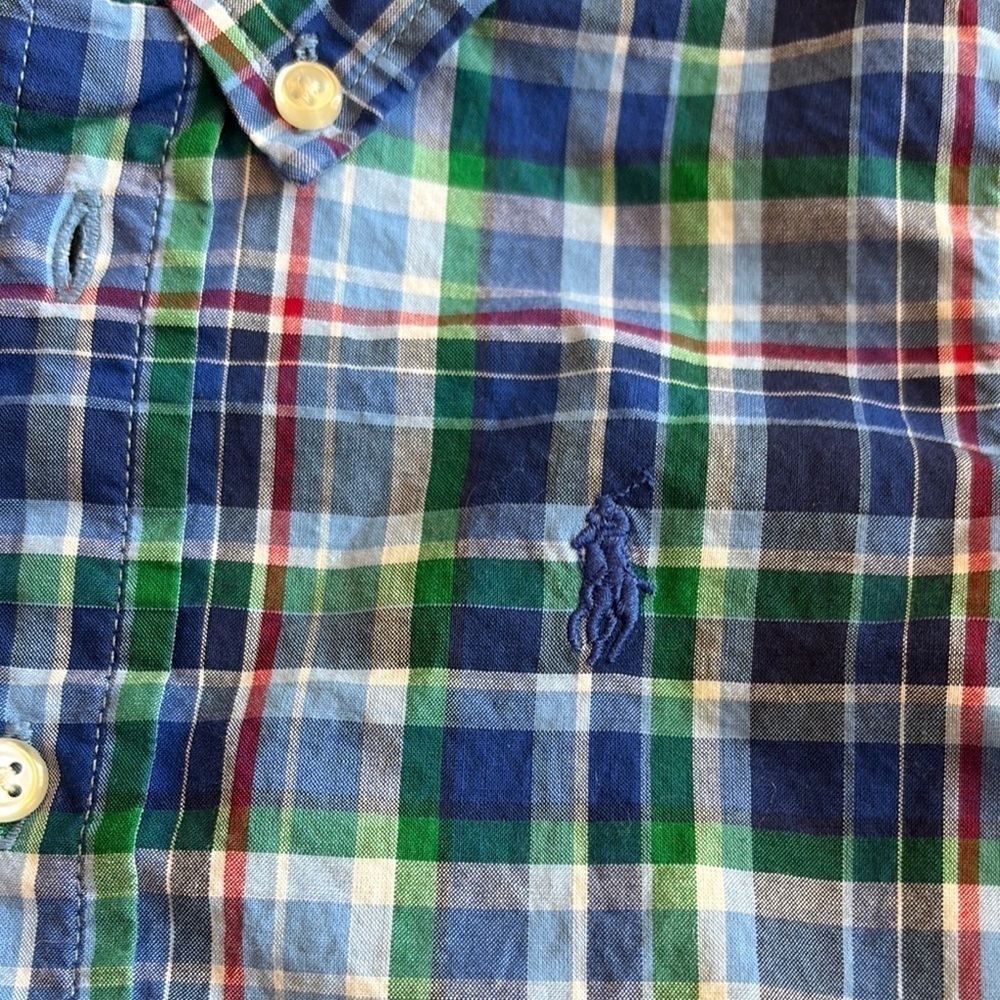 Ralph Lauren Blue and Green Plaid Button-Up Collared Kids Shirt - Picture 4 of 5